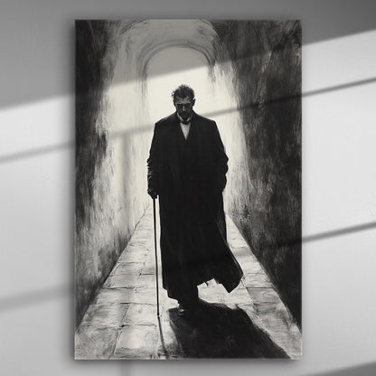 Black and white image of a man walking down a dark corridor with a cane.