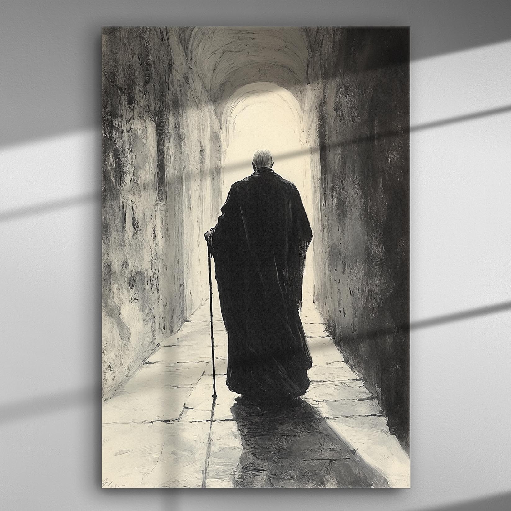 A grayscale painting of a person walking through a dark corridor towards the light, evoking nostalgia and introspection.