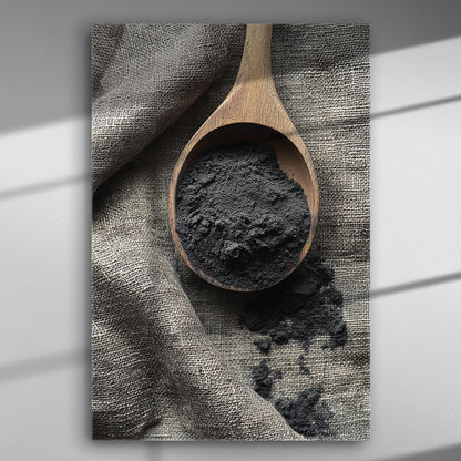 Wooden spoon with black powder on fabric surface, emphasizing natural textures.