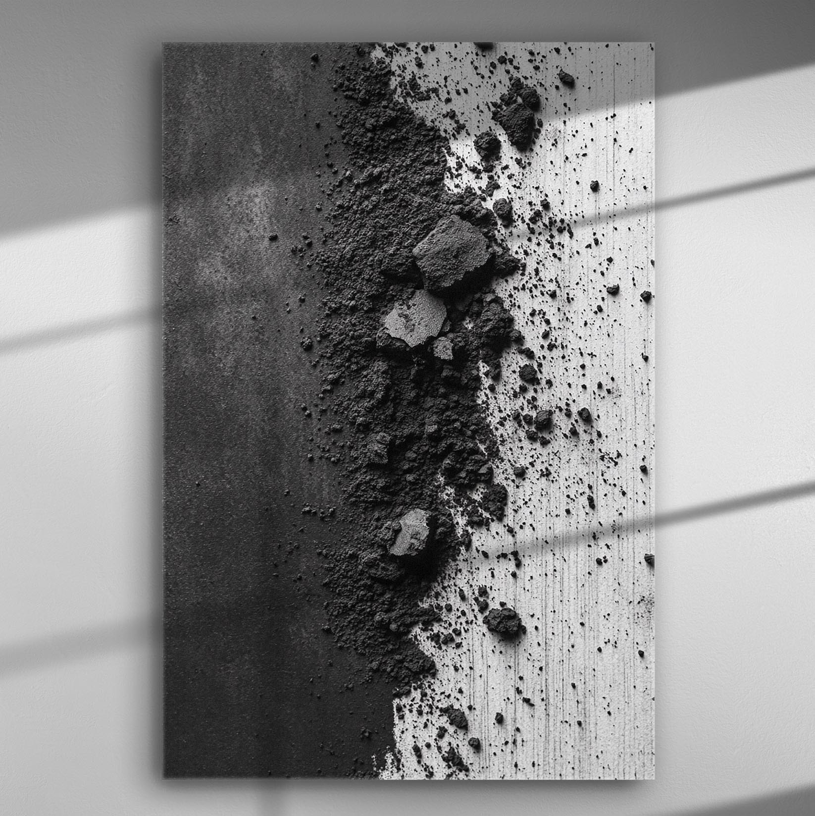 Textured black and white canvas with shadows and contrasting white and black areas.