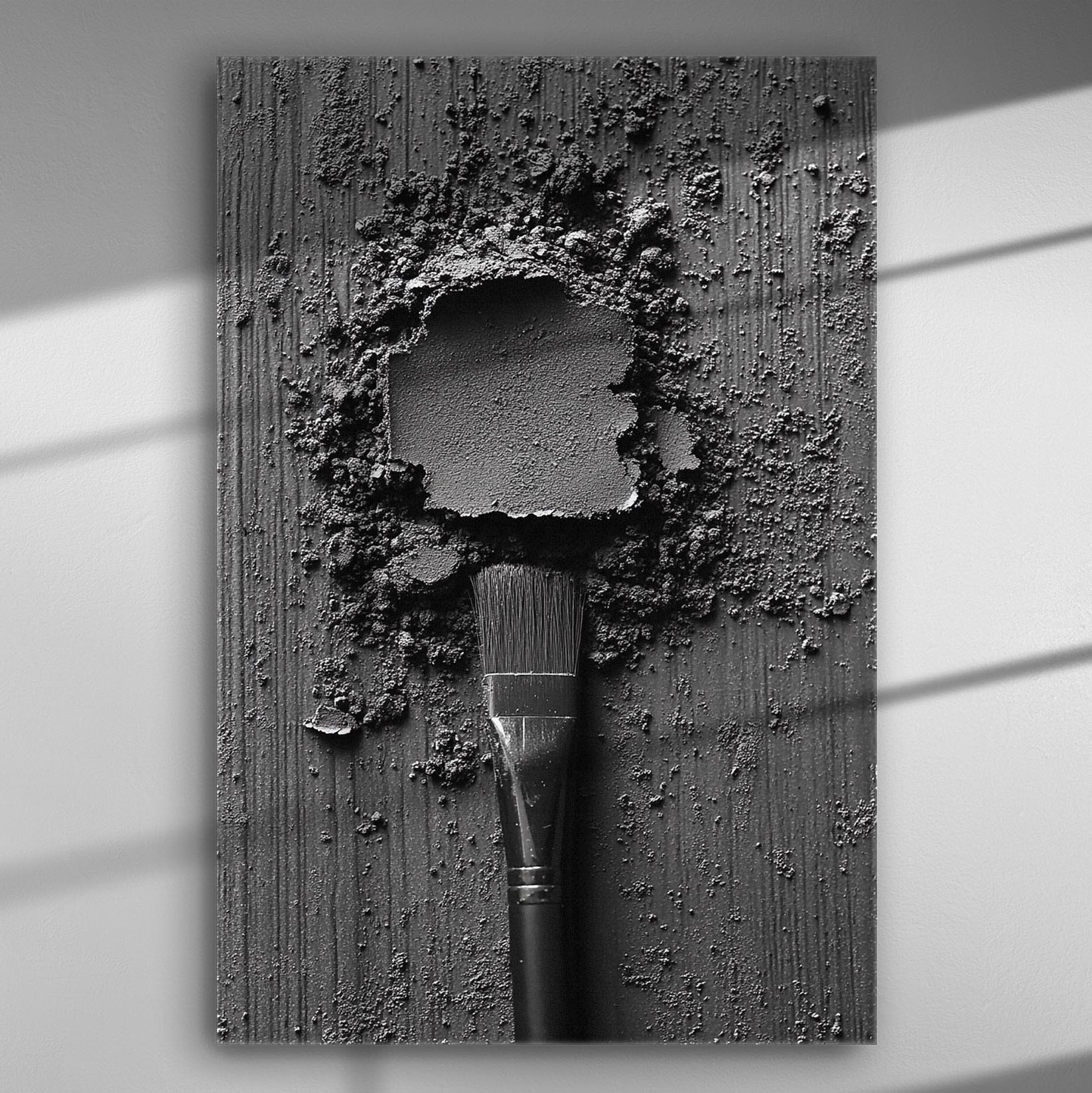 Black and white abstract artwork with a brush and textured surface on a canvas.