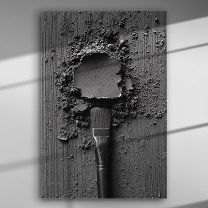 Black and white abstract artwork with a brush and textured surface on a canvas.