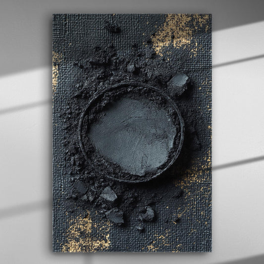 Abstract canvas print with black textured circle and gold accents