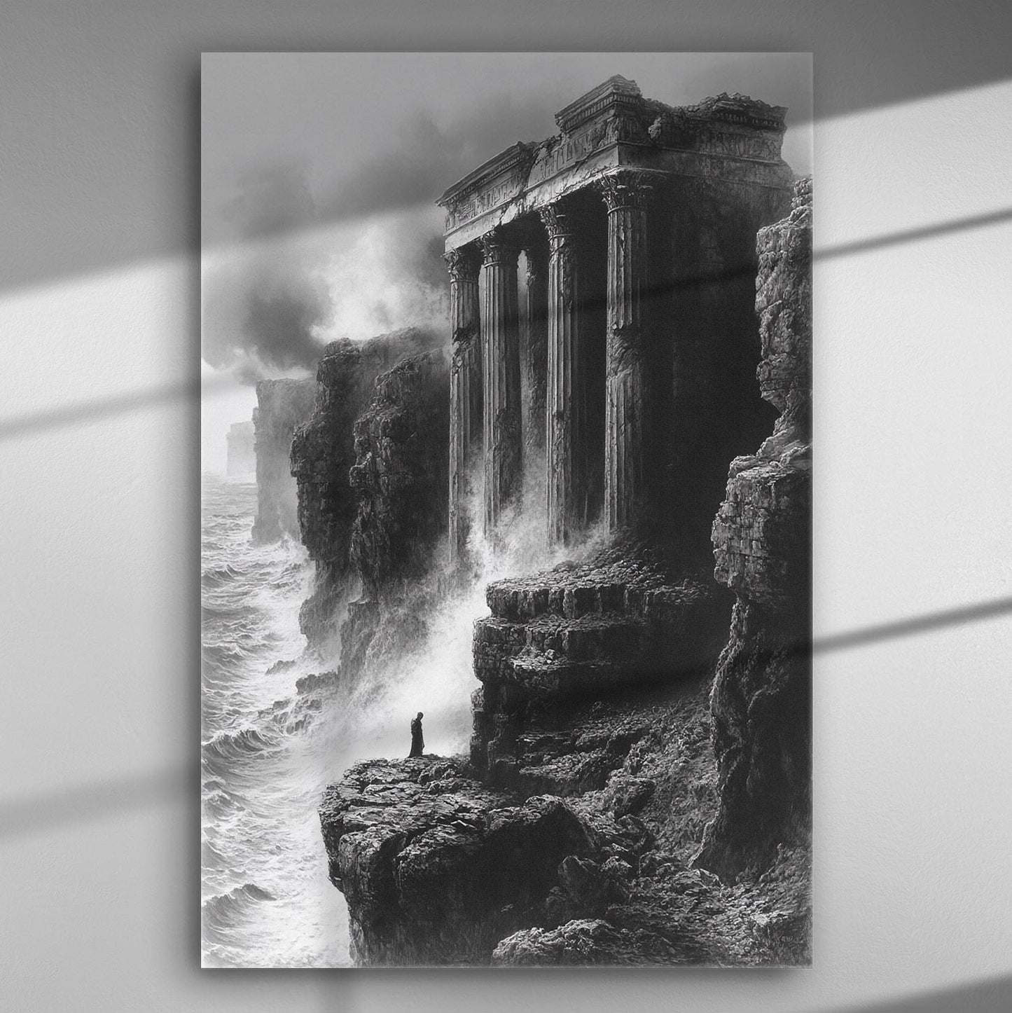 Dramatic scene of an ancient temple on a cliff by the sea with powerful waves.