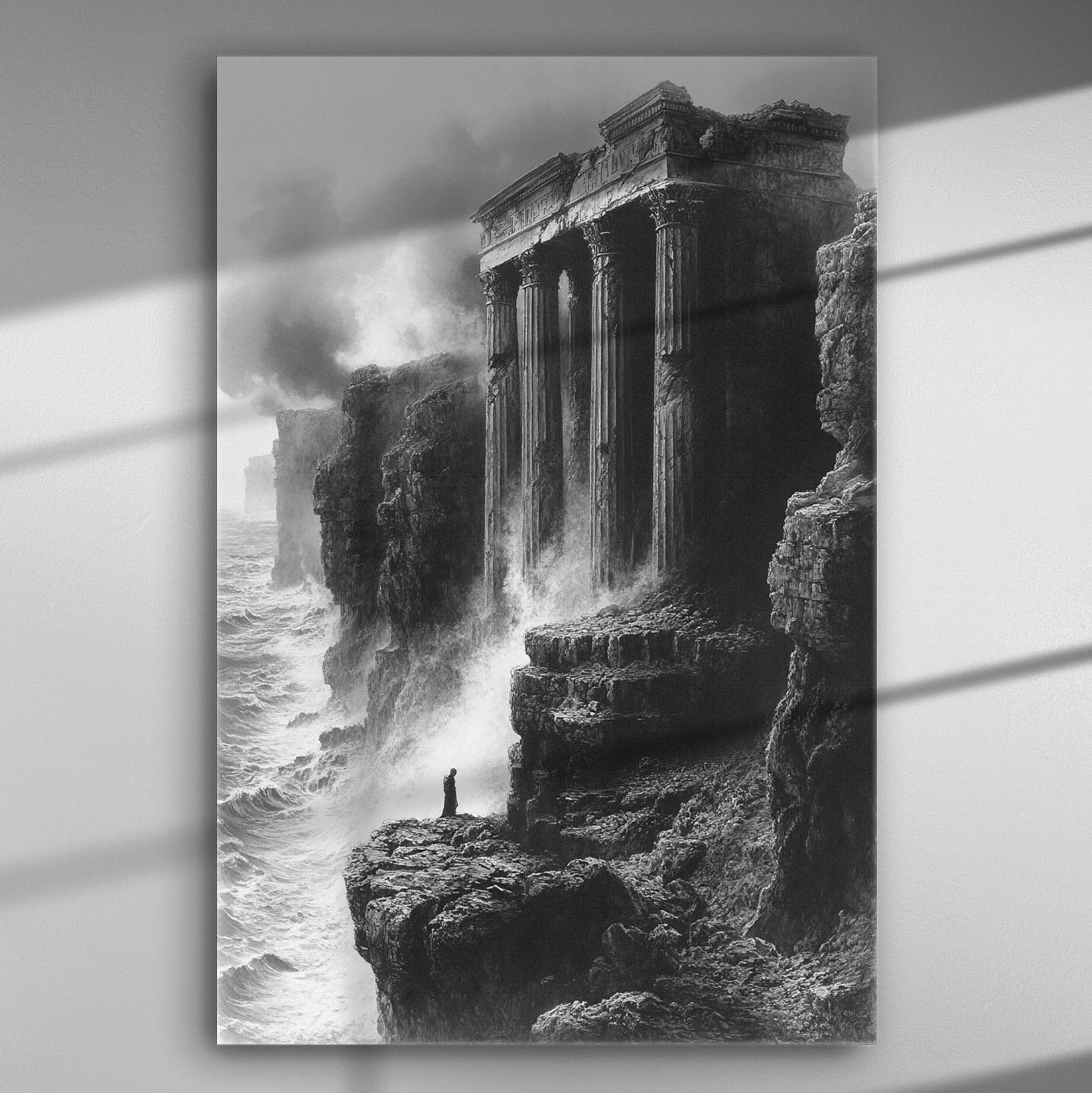 Dramatic scene of an ancient temple on a cliff by the sea with powerful waves.