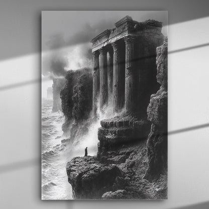 Dramatic scene of an ancient temple on a cliff by the sea with powerful waves.