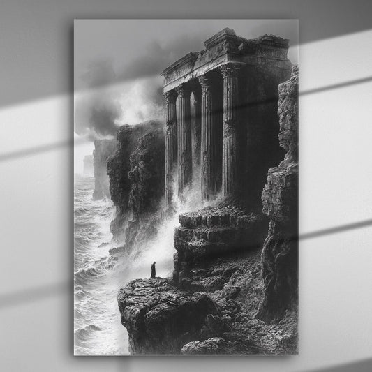 Dramatic scene of an ancient temple on a cliff by the sea with powerful waves.