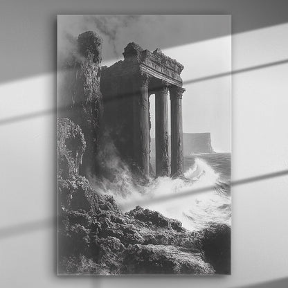 Ancient temple by the sea with waves and rocks, in black and white.