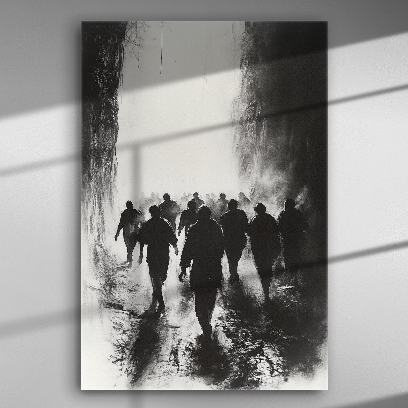 Silhouettes of people walking from darkness into light in a monochrome artwork.
