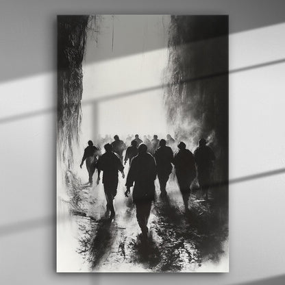 Silhouettes of people walking from darkness into light in a monochrome artwork.