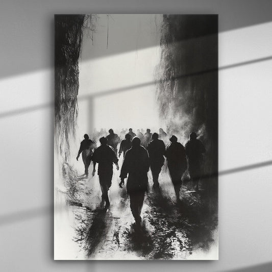 Silhouettes of people walking from darkness into light in a monochrome artwork.