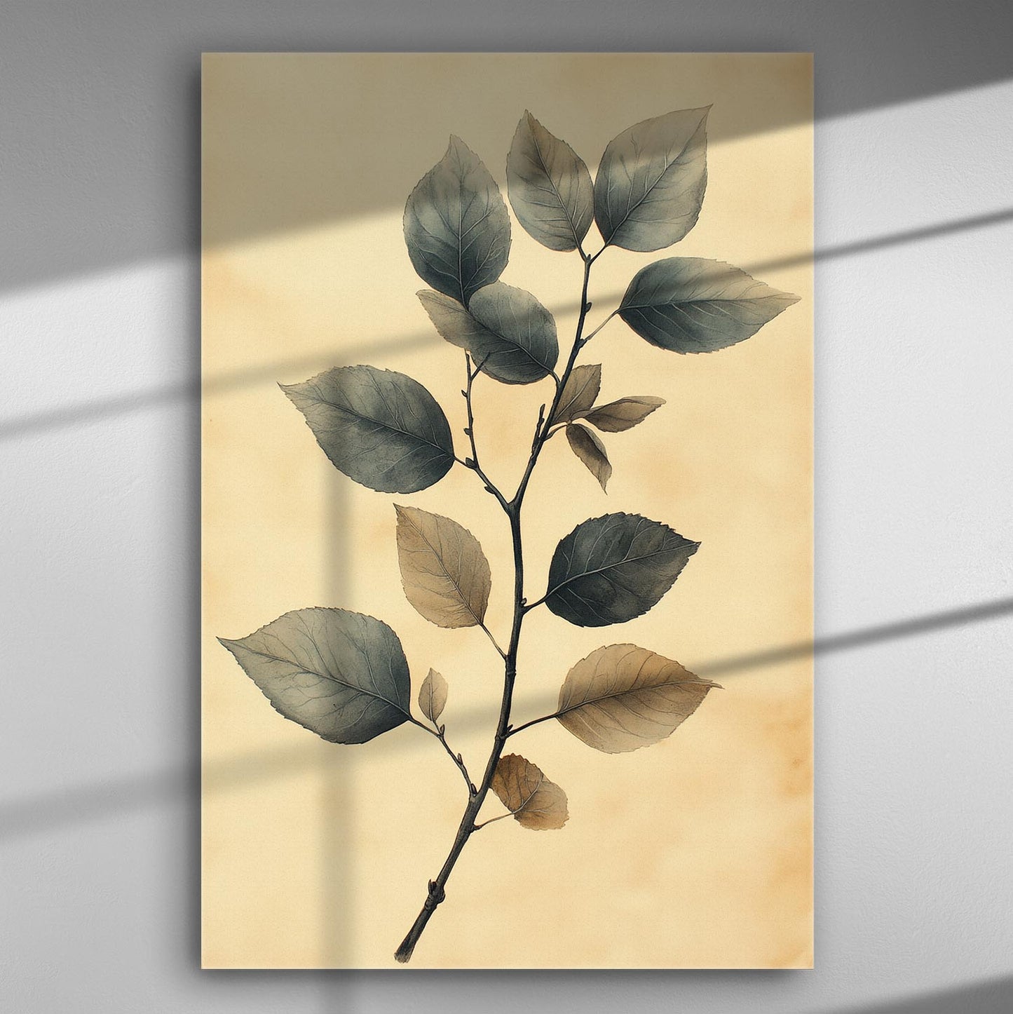 Canvas print showing detailed illustration of leaves on a branch with a soft natural background.