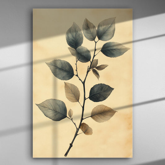 Canvas print showing detailed illustration of leaves on a branch with a soft natural background.