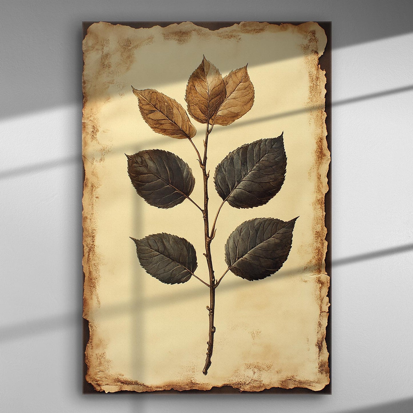 Canvas print featuring detailed leaves on aged paper background.