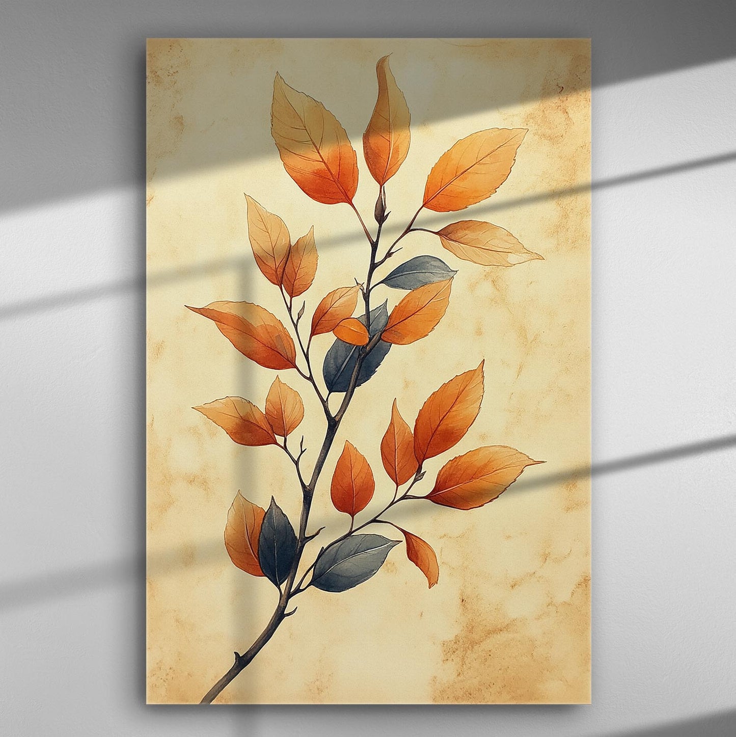 Canvas print featuring orange and green autumn leaves on a beige background.
