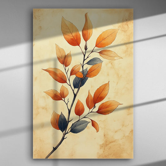 Canvas print featuring orange and green autumn leaves on a beige background.