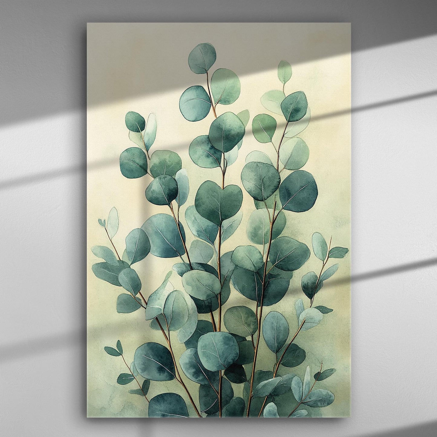 Canvas print of eucalyptus leaves with a soft, calming green color palette.