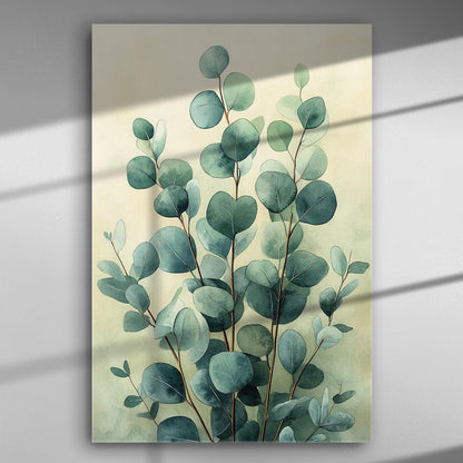 Canvas print of eucalyptus leaves with a soft, calming green color palette.