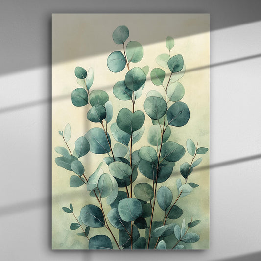 Canvas print of eucalyptus leaves with a soft, calming green color palette.