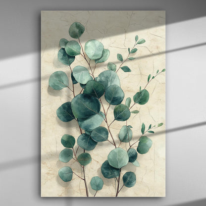 A canvas print featuring eucalyptus leaves with soft colors and elegant design.