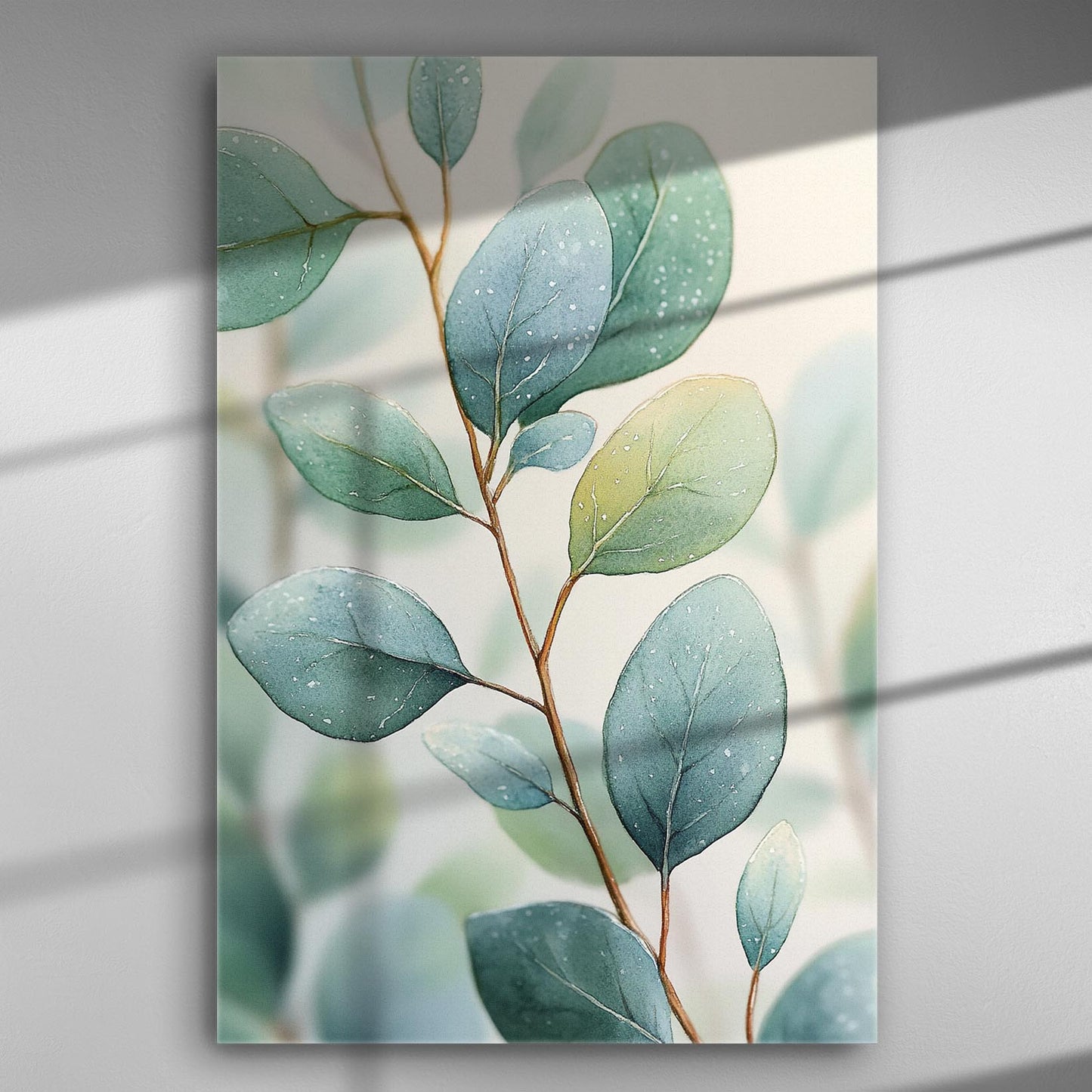 Canvas print of soft, delicate leaves with blue and green hues for home decor.