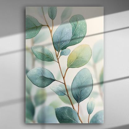 Canvas print of soft, delicate leaves with blue and green hues for home decor.