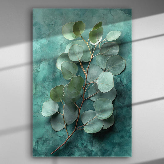 Canvas print featuring eucalyptus leaves on a teal background.