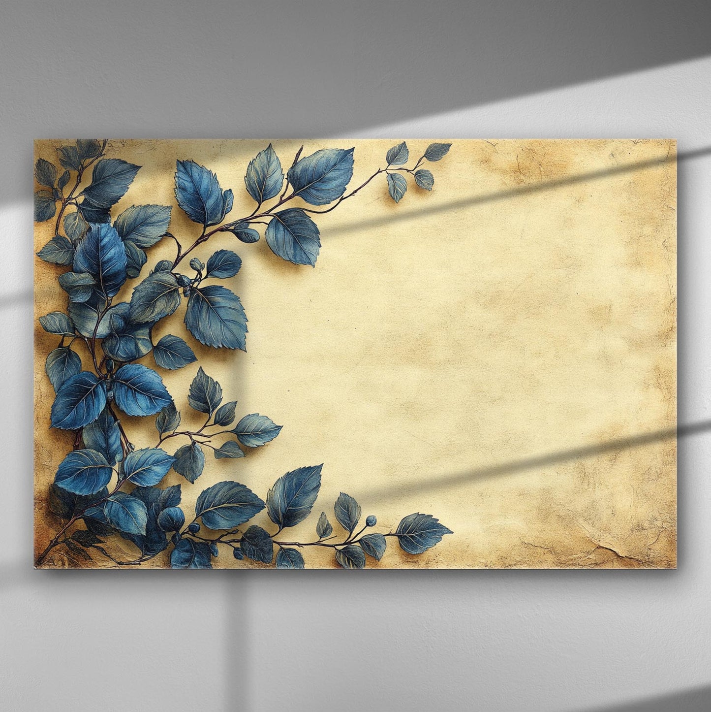Blue leaves on a cream background canvas print