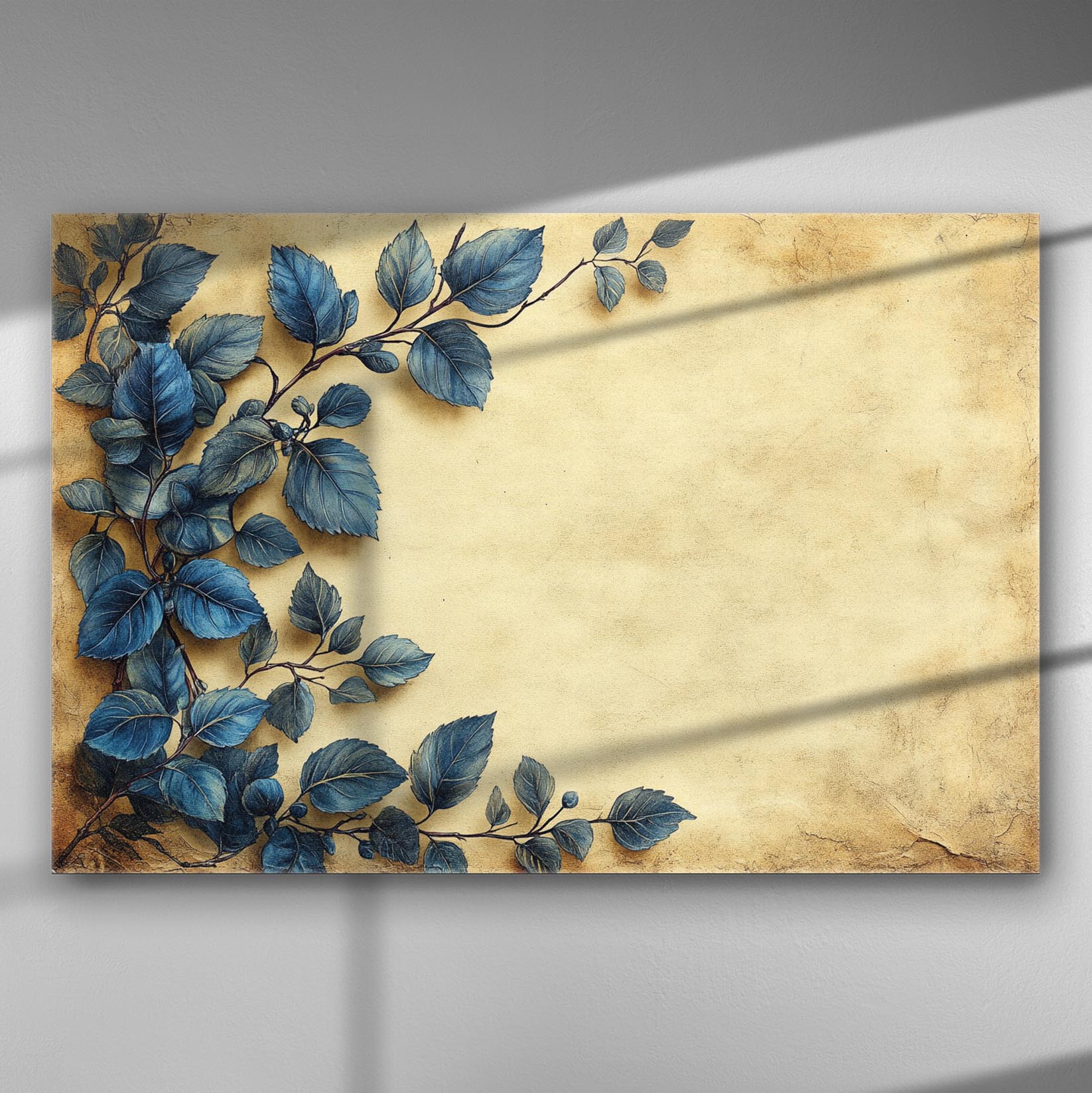 Blue leaves on a cream background canvas print