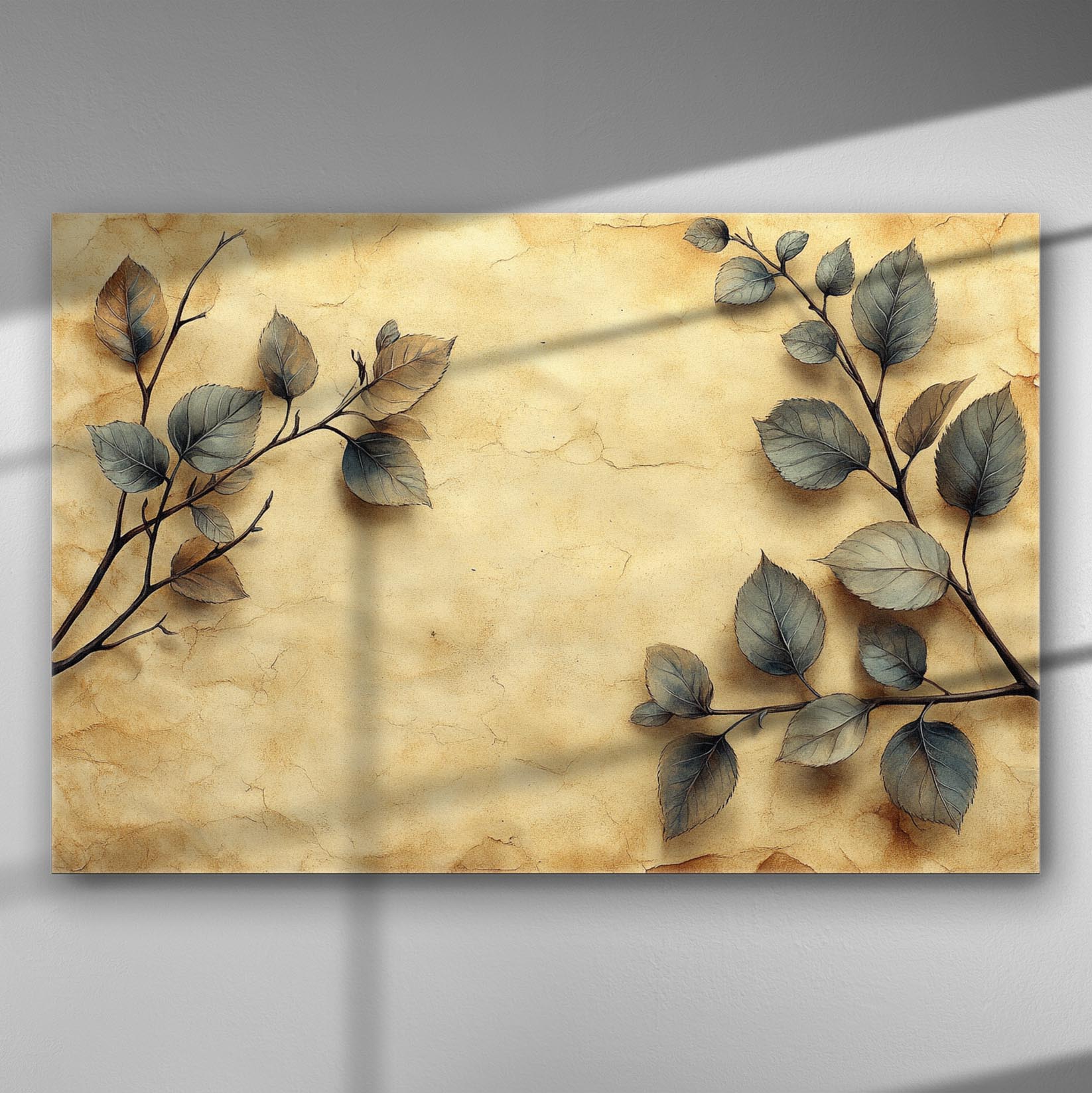 Branches with leaves on a beige textured background canvas art.