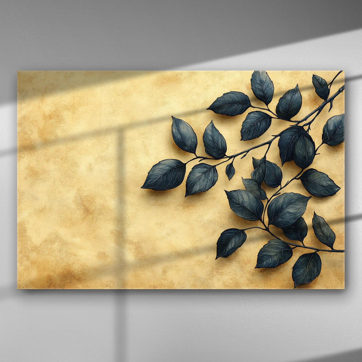 Canvas print depicting dark leaves on a golden background with shadows.