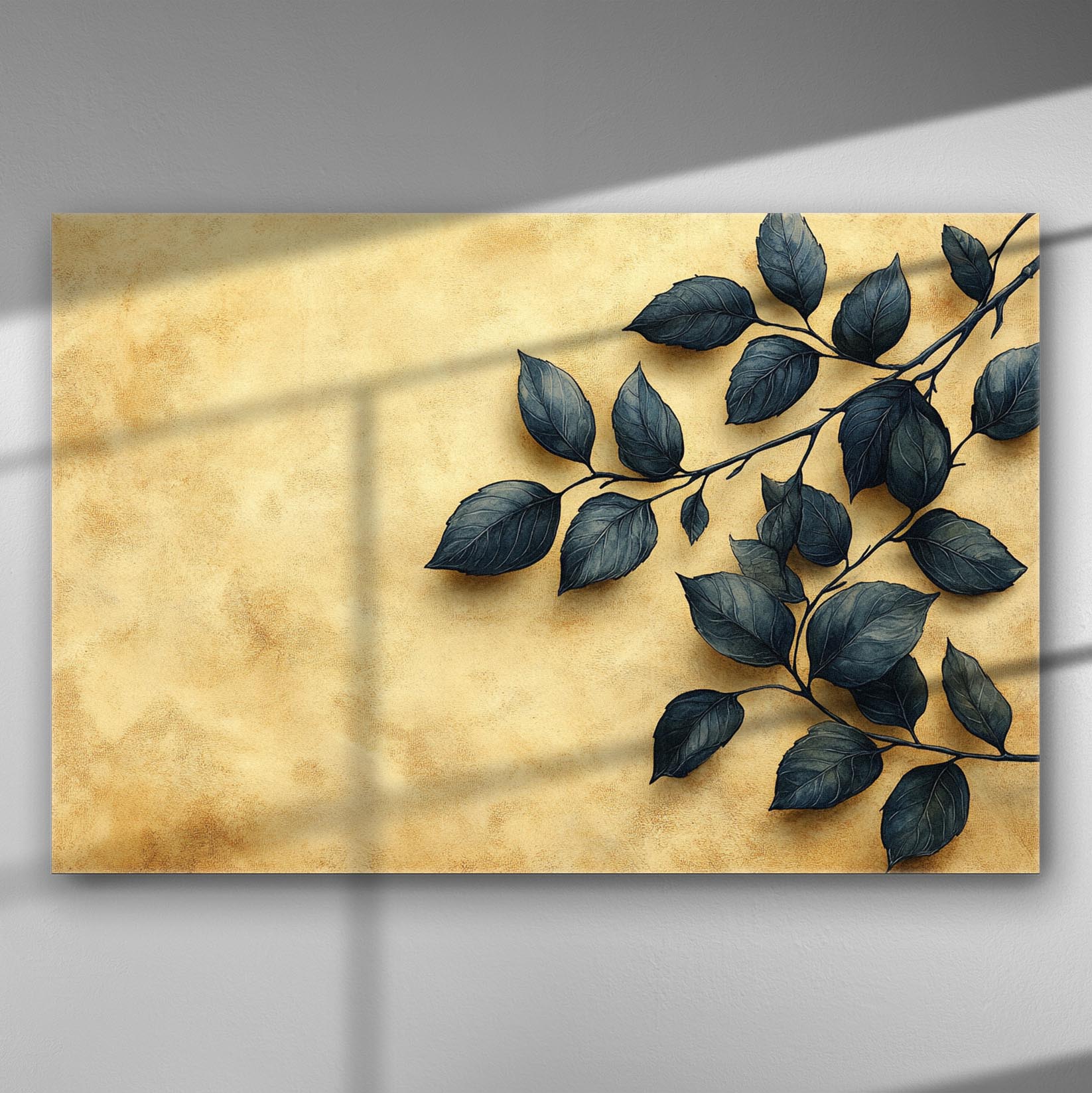 Canvas print depicting dark leaves on a golden background with shadows.
