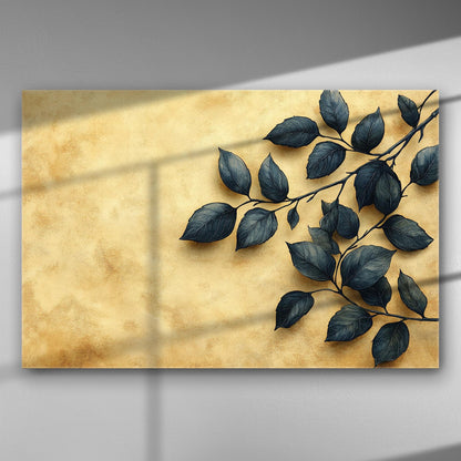 Canvas print depicting dark leaves on a golden background with shadows.