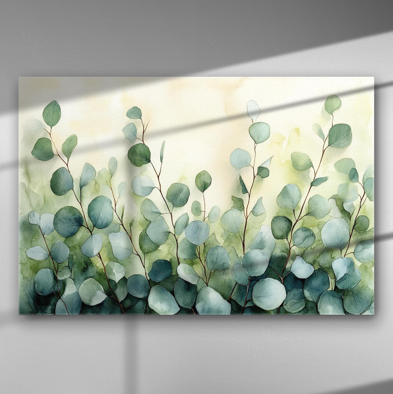 Watercolor painting of eucalyptus leaves with a serene background
