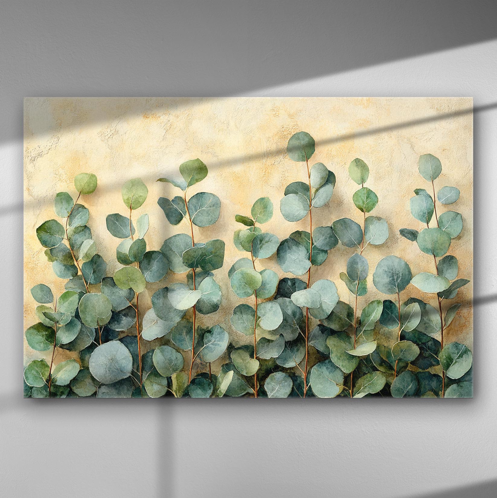 Canvas print of eucalyptus leaves against a vintage-style background, evoking natural beauty and tranquility.