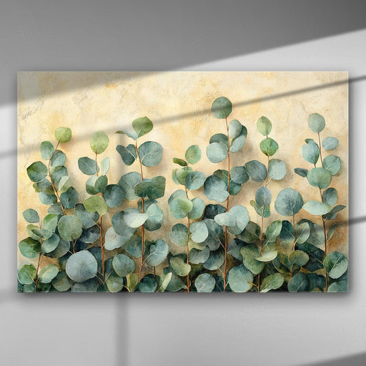 Canvas print of eucalyptus leaves against a vintage-style background, evoking natural beauty and tranquility.