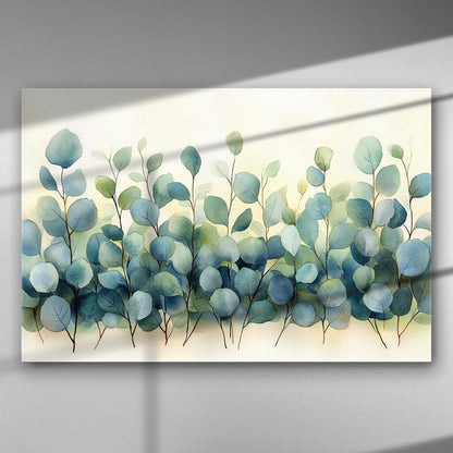 Canvas print featuring soft green leaves against a light background.