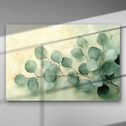 Canvas print depicting eucalyptus leaves in soft green tones against a light background.
