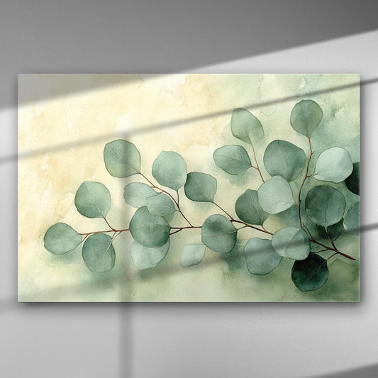 Canvas print depicting eucalyptus leaves in soft green tones against a light background.