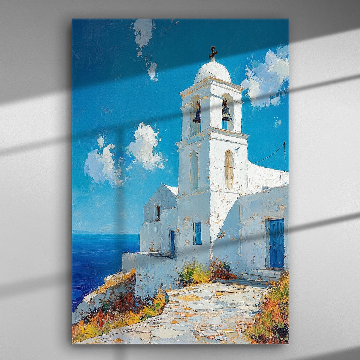 Canvas print featuring a Greek island church, blue sky, and sea, capturing the essence of summer in the Aegean.