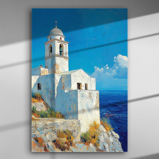 Painting of a white church on a cliff overlooking the Aegean Sea with a bright blue sky.