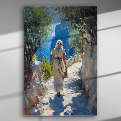 A woman walking on a sunny path by the sea, surrounded by nature.