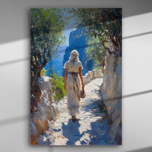 A woman walking on a sunny path by the sea, surrounded by nature.