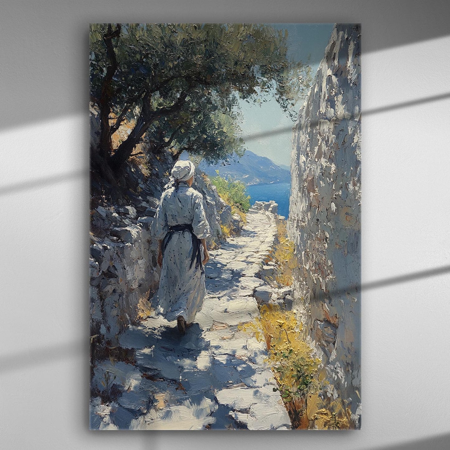 A lone figure walking along a stone path towards the sea, surrounded by nature and sunlight.
