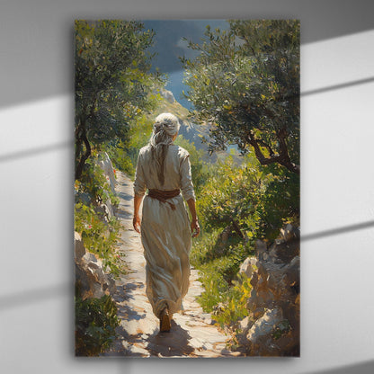 A person walking on a path surrounded by lush greenery and sunlight.