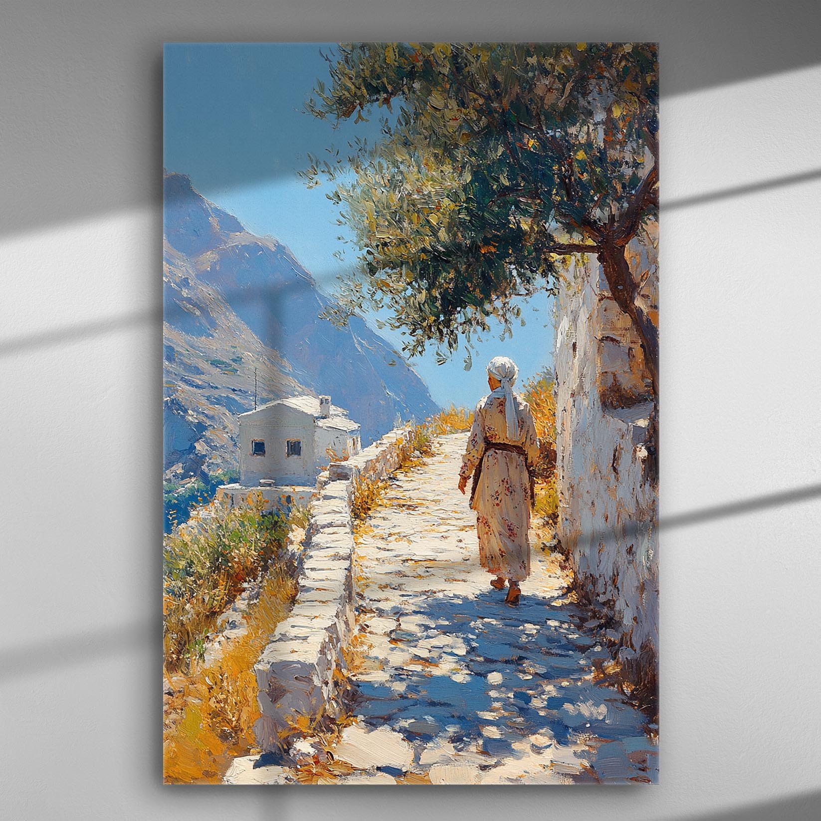 A tranquil village scene with a woman walking down a stone path surrounded by white houses and nature.