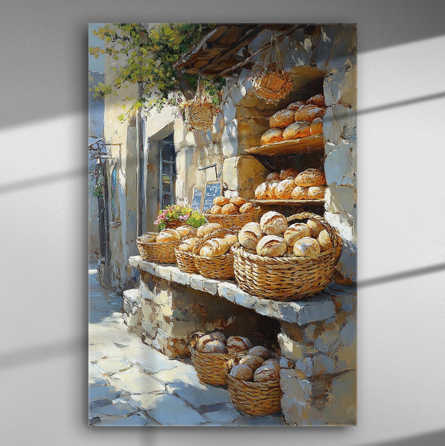 Traditional bakery scene with bread baskets in a rural setting.