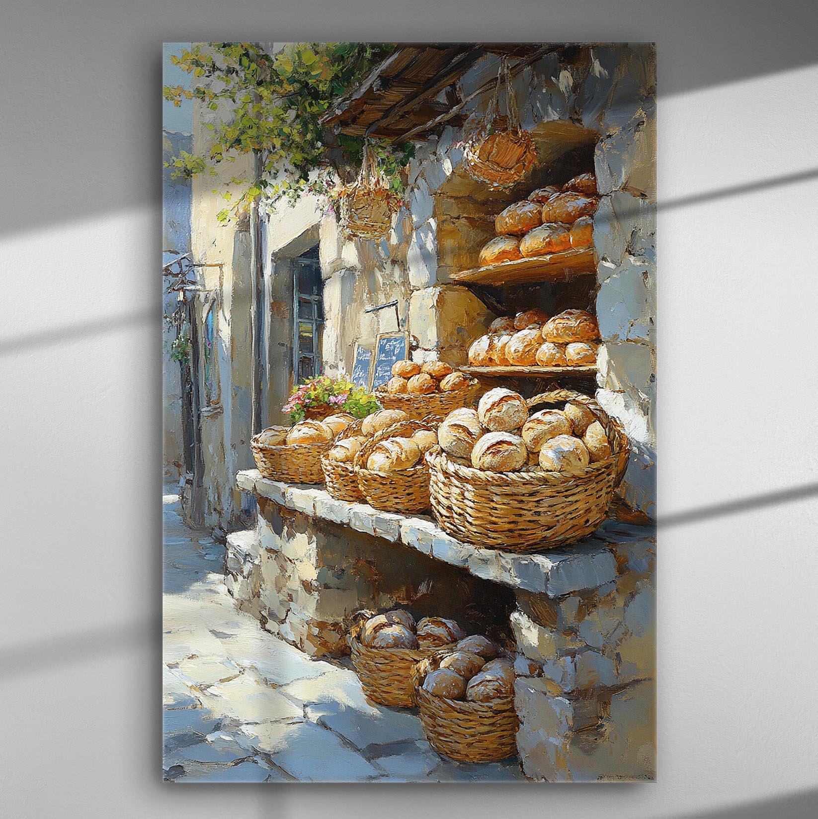 Traditional bakery scene with bread baskets in a rural setting.