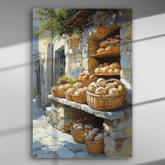 Traditional bakery scene with bread baskets in a rural setting.