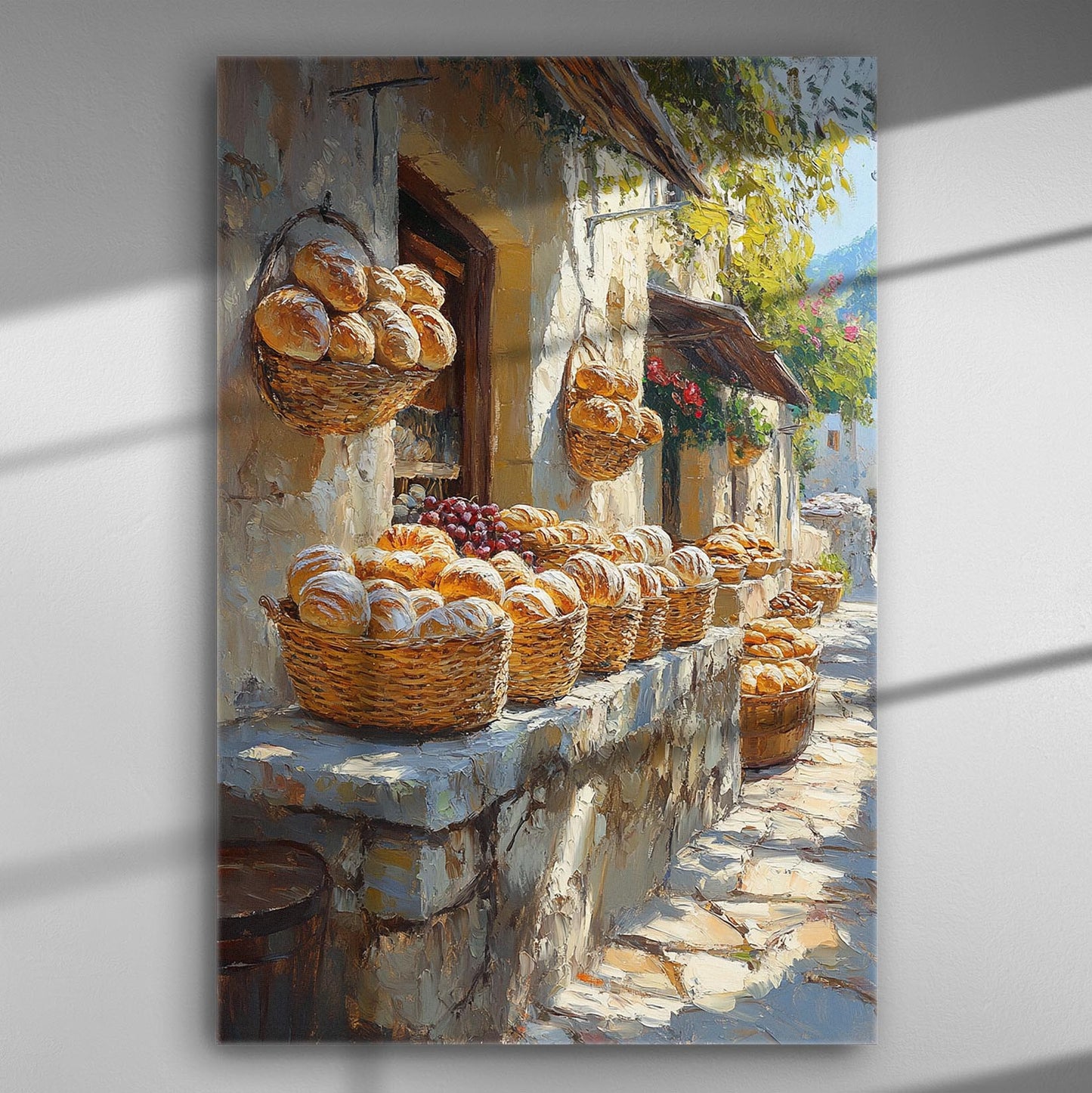Street scene with fresh bread and grapes in a traditional village setting on canvas print.